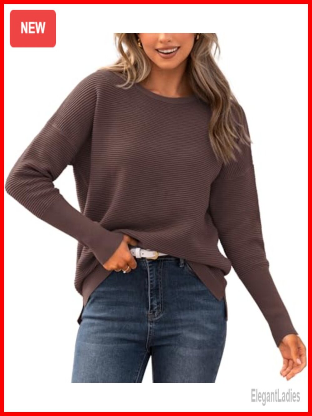 Womens Long Sleeve Ribbed Knit Sweater Pullover Loose Fit Fall